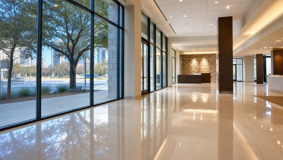 Gleaming freshly waxed commercial VCT floor in an Austin, TX building lobby