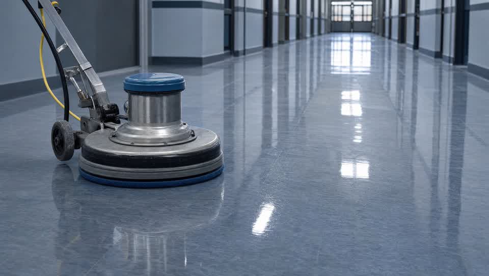 Commercial floor burnisher producing a high-gloss finish
