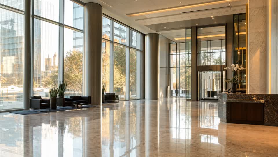 Pristine Dallas, TX commercial building lobby with a gleaming floor
