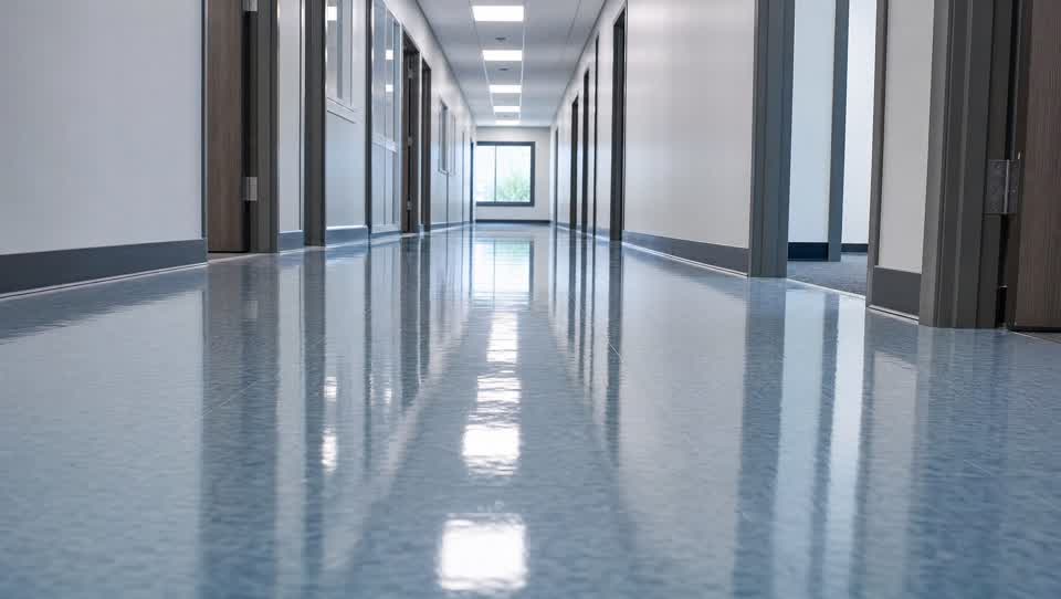 Multiple high-gloss wax coats on a commercial VCT tile floor reflecting corridor lights