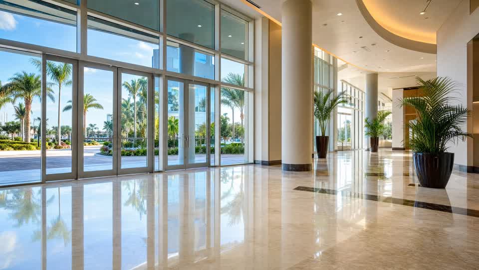 Bright Orlando, FL commercial lobby with a mirror-gloss polished floor