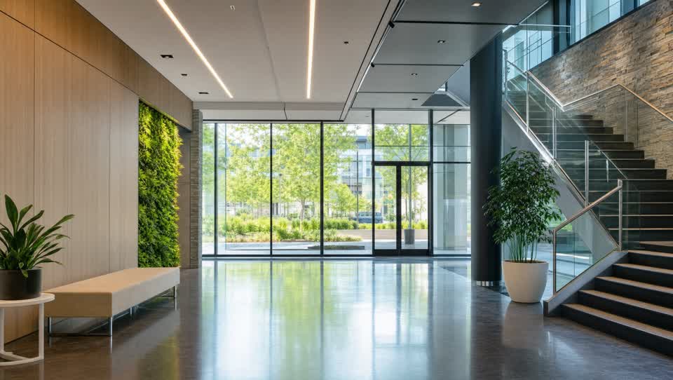 Modern Raleigh, NC office lobby with a polished commercial floor