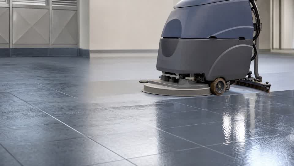 Auto-scrubber mid scrub-and-recoat on a commercial tile floor
