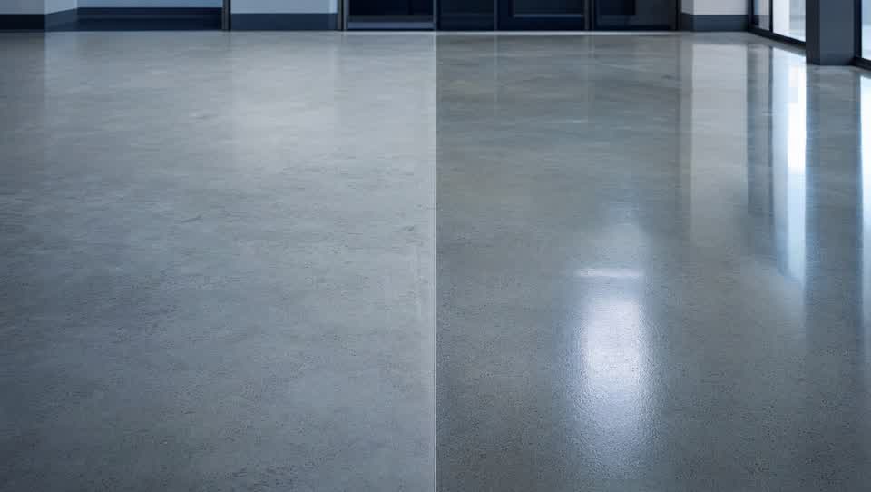 Side-by-side commercial floor: matte sealed concrete beside a glossy waxed finish