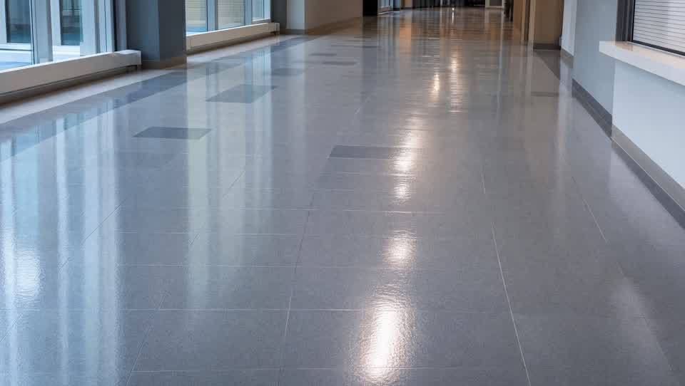 Commercial hallway with a wet-look freshly applied wax finish
