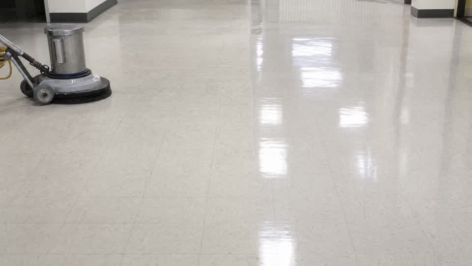 Commercial VCT tile floor mid strip-and-wax with a floor buffer and high-gloss finish