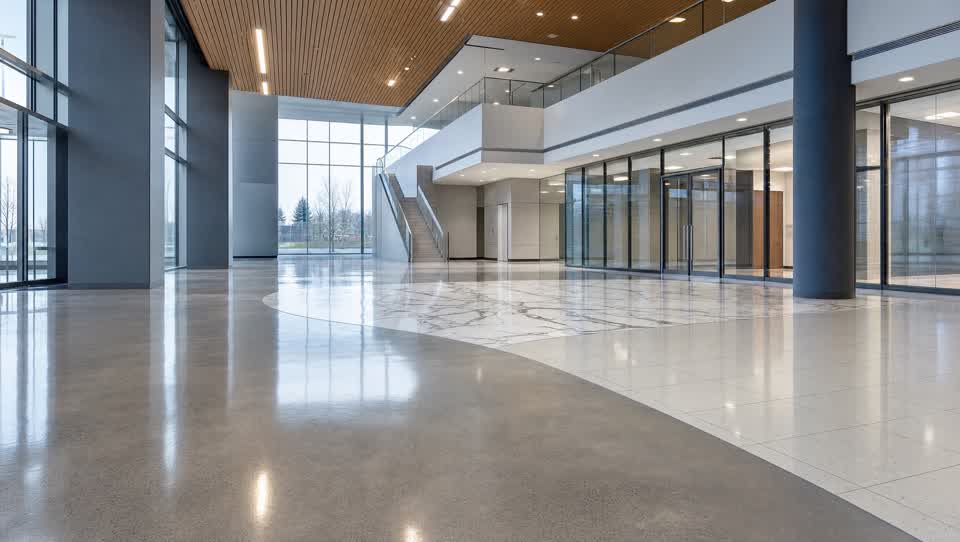 Modern building lobby showing polished concrete, marble inlay, and tile floors