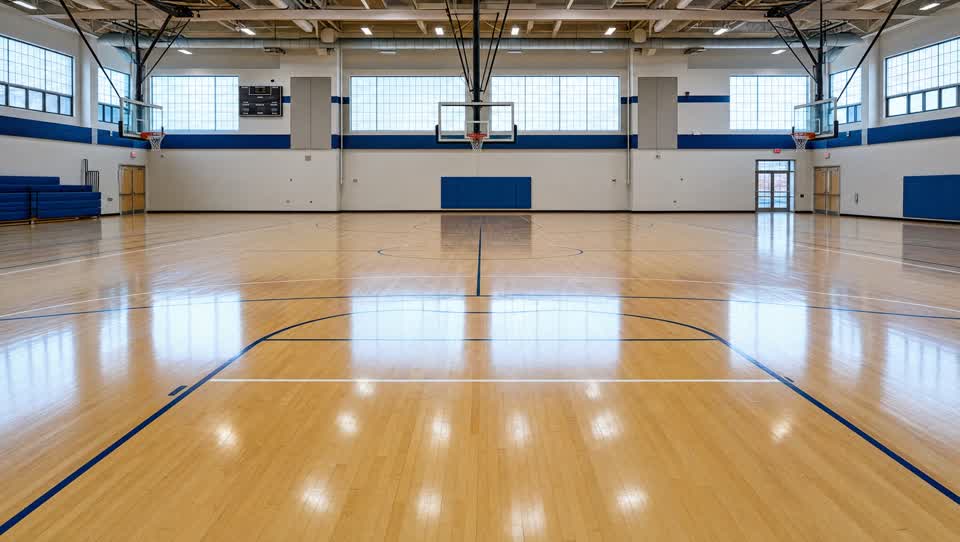 Polished hardwood gym court floor with crisp painted lines