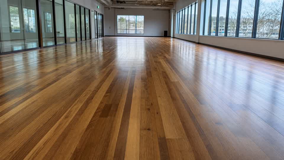 Freshly refinished commercial hardwood floor with a satin protective finish