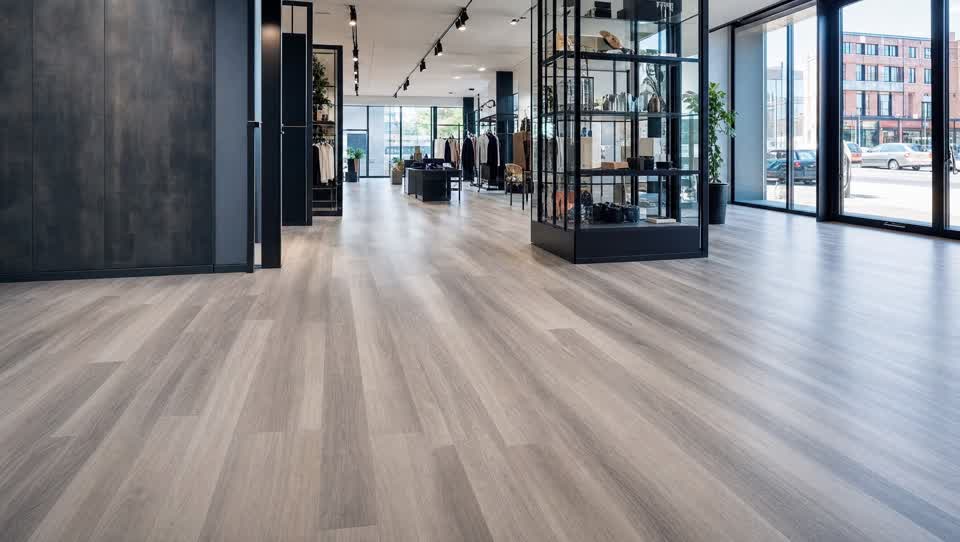 Commercial luxury vinyl tile (LVT) floor with a wood-look plank pattern