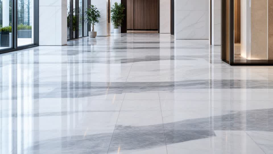 Polished marble lobby floor with a mirror-gloss finish