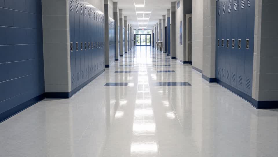 Gleaming freshly stripped-and-waxed school hallway floor with blue lockers