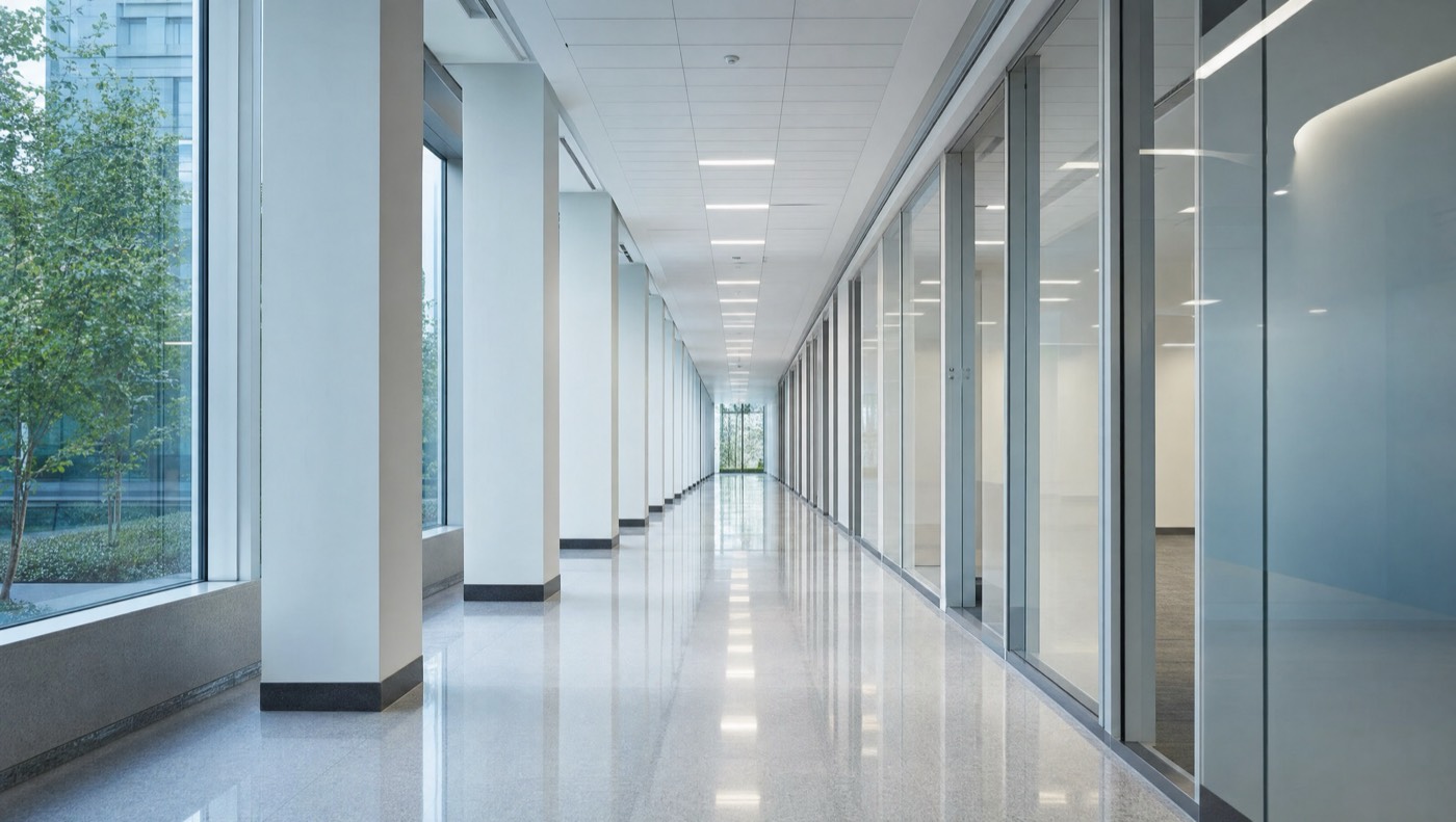 Spotless well-maintained commercial office corridor