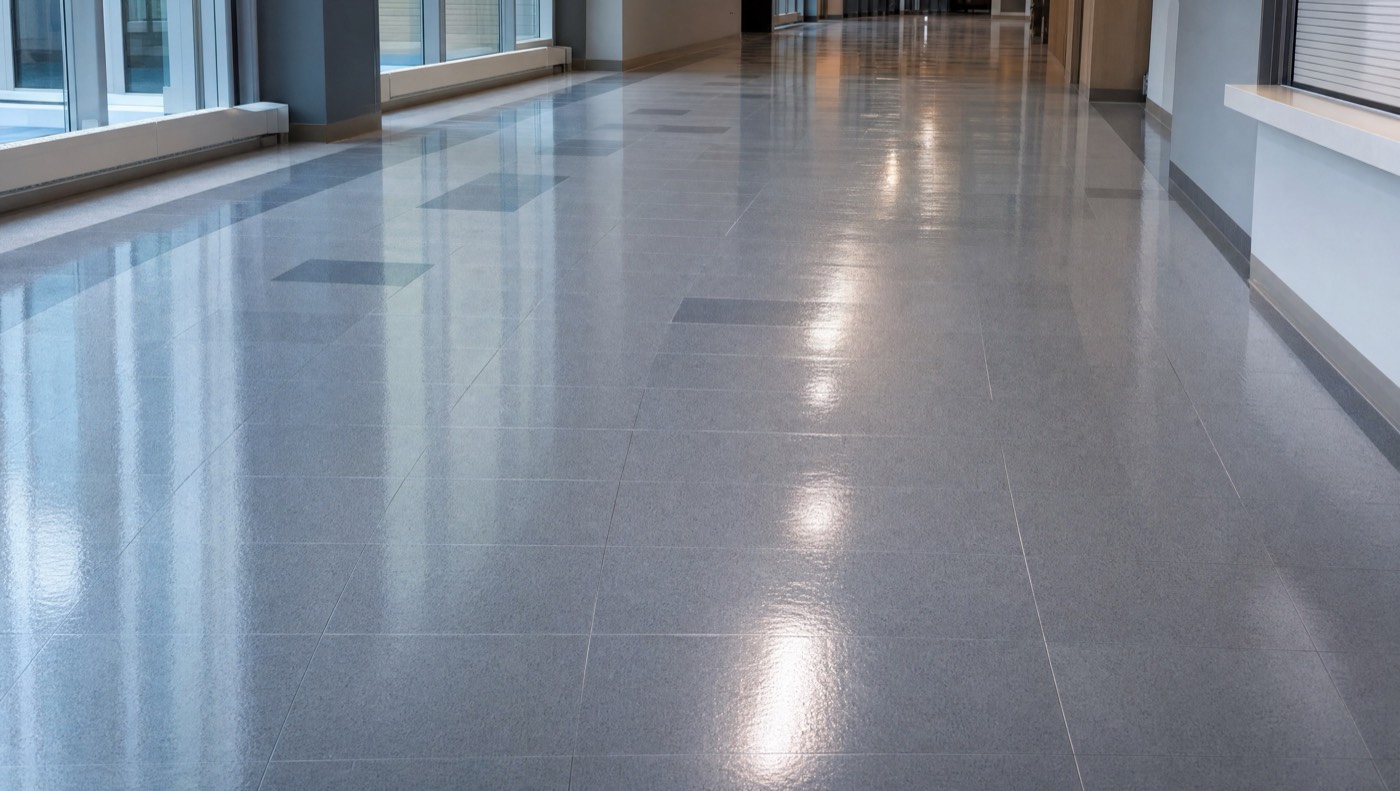 Commercial hallway floor with a wet-look freshly applied wax finish