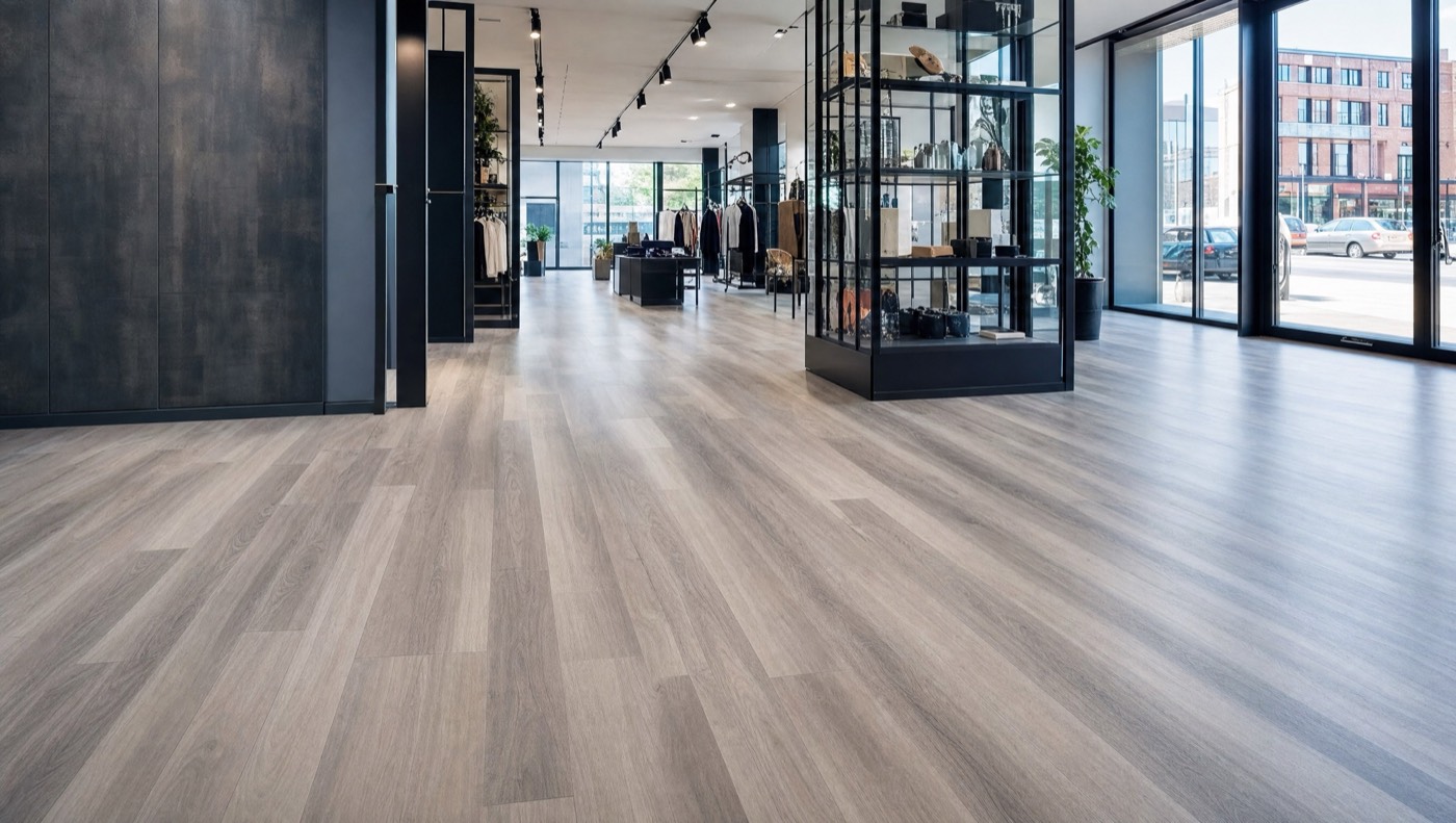 Commercial luxury vinyl tile floor with a wood-look plank pattern